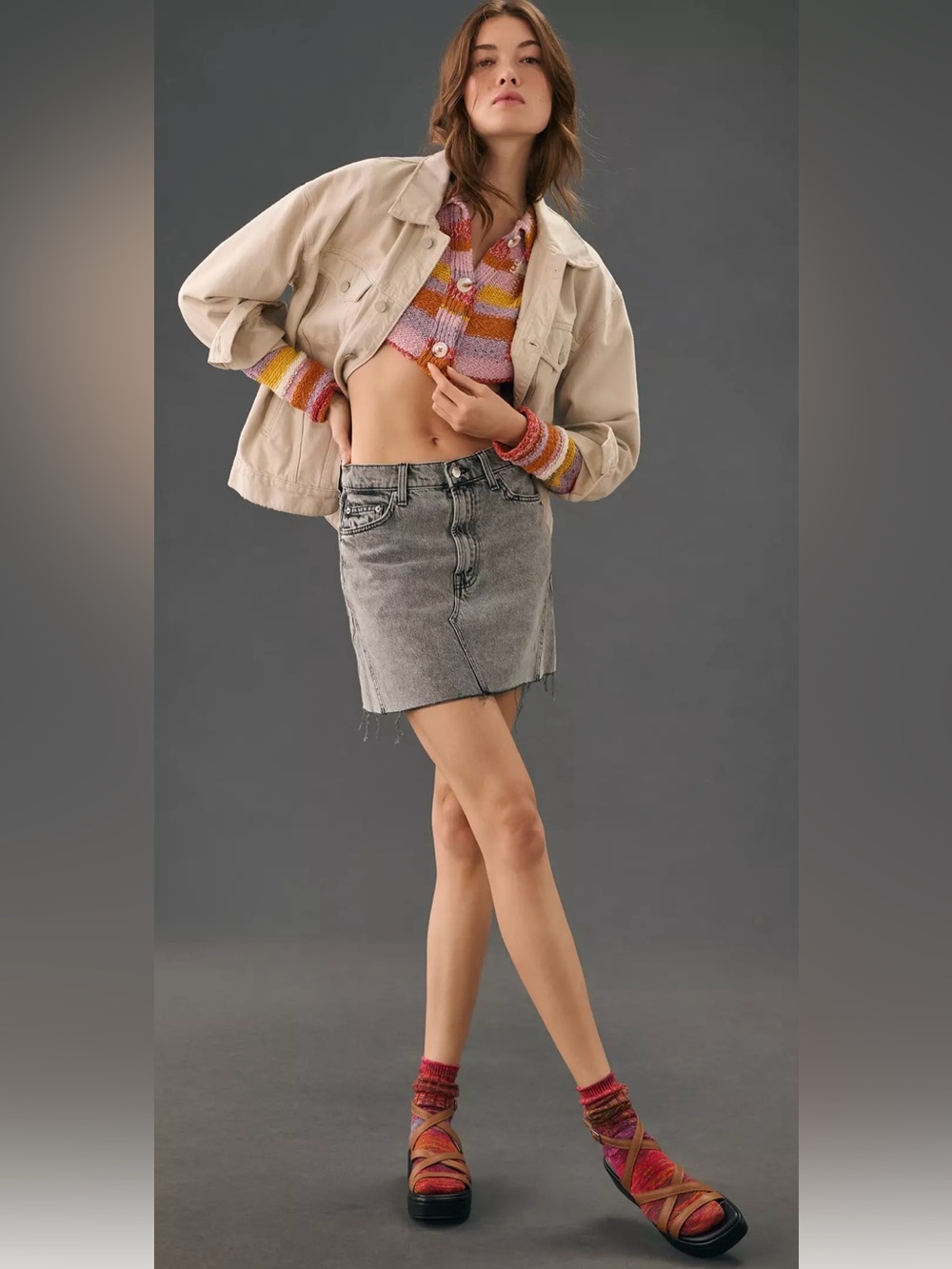 MOTHER Snacks Gray Washed Denim A-Line Mini Skirt. Size 28